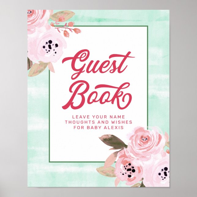 Poster Coral Pink Floral Baby Shower Guest Book Sign (Frente)