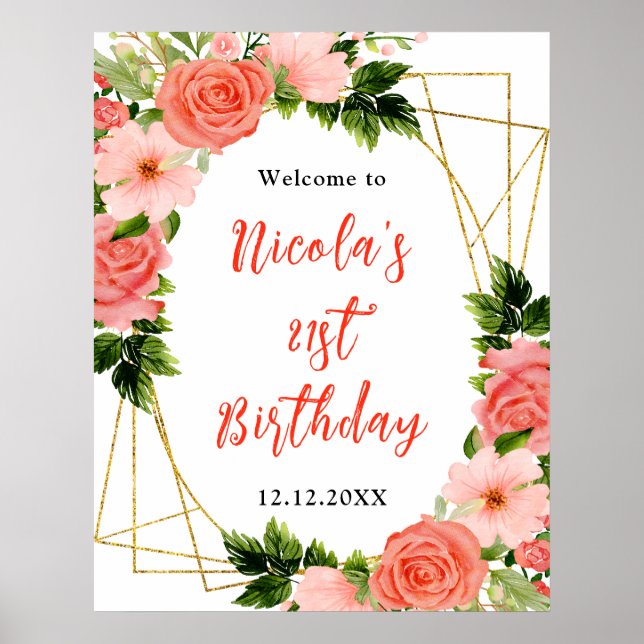 Poster Coral Red Roses with Foliage Birthday Welcome (Frente)
