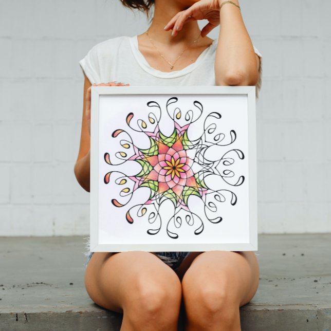 Poster Corante Adulto Mandala Da Flor Geométrica Sagrada (Colorful geometric Floral Mandala coloring poster in a white frame.)