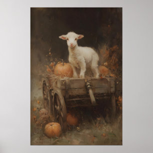 Poster Cordeiro Branco Em Carrinho De Madeira Com Abóbora