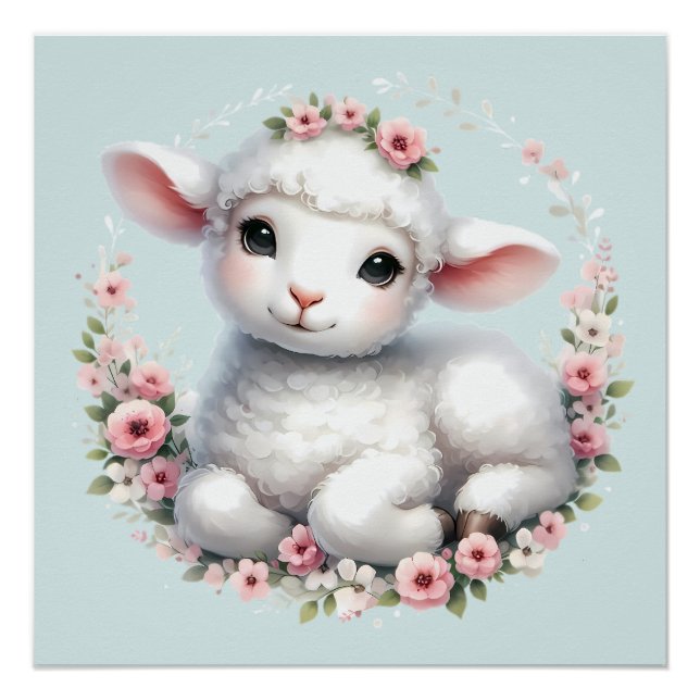 Póster Corderinho Fofo com Ilustração de Coroa Floral (Frente)