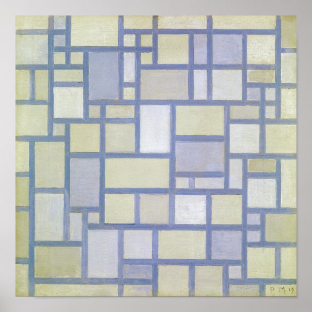 Poster Cores Brilhantes Linhas Cinzas | Piet Mondrian | (Frente)