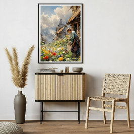 Poster Cores d'água da vida rural com moça no jardim da f