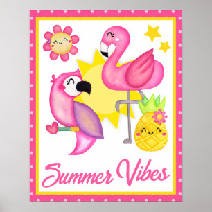 Poster Cores d'água, Rosa e Amarelo, Verão de Aves Tropic