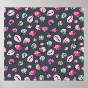 Poster Cores de Água da Seashell: Padrão Azul Escuro