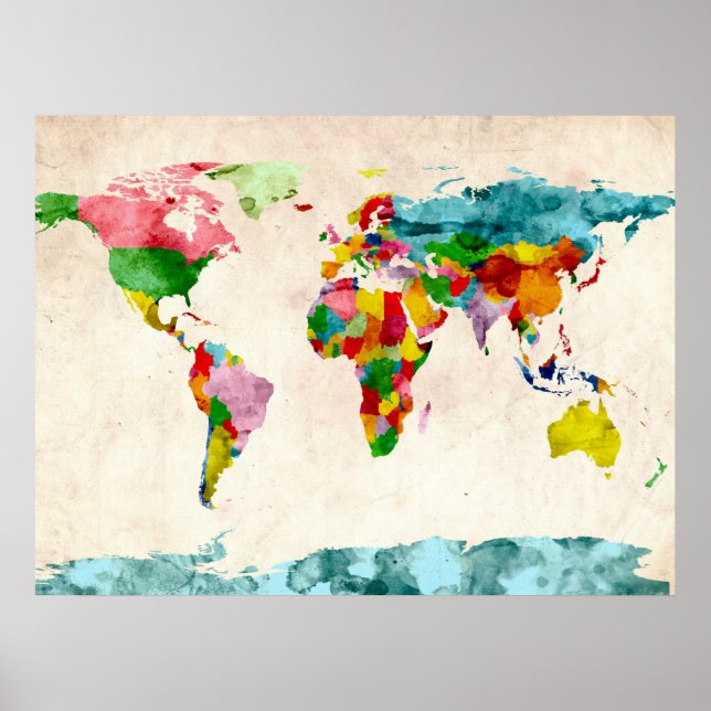 Poster Cores de Água do Mapa Mundial (Frente)