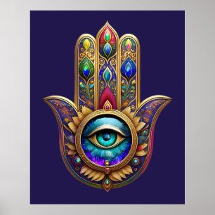 Poster Cores de Pavão Dourado Hamsa Safira Terceiro Olho