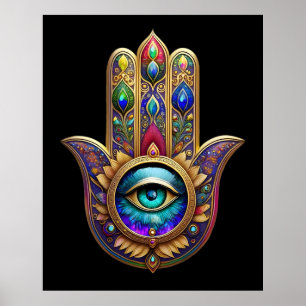 Poster Cores de Pavão Dourado Hamsa Safira Terceiro Olho 