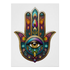 Póster Cores de Pavão Hamsa com Terceiro Olho Dourado