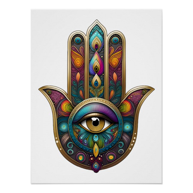 Póster Cores de Pavão Hamsa com Terceiro Olho Dourado (Frente)