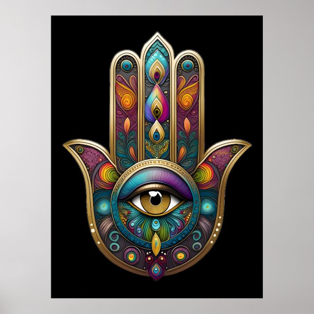 Poster Cores de Pavão Hamsa com Terceiro Olho Dourado (Frente)