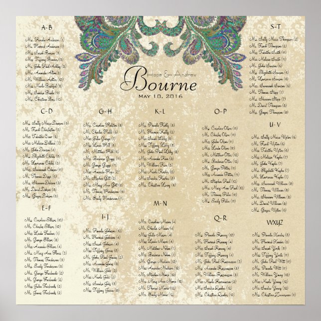 Póster Cores de Peacock - 100 a 150 convidados - alfabéti (Frente)