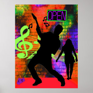 Poster Cores do néon do homem e da menina da guitarra da