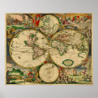 Póster Cores Vibrantes Vintage Antigo Mapa do Mundo