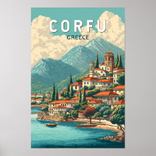Poster Corfu Grécia Ilustração Arte de Viagem Vintage