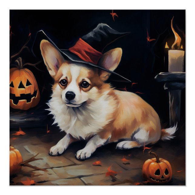 Póster Corgi Abóboras Halloween Assustador (Frente)