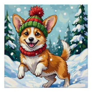 Póster Corgi Alegre Saltando na Neve com Pom Pom