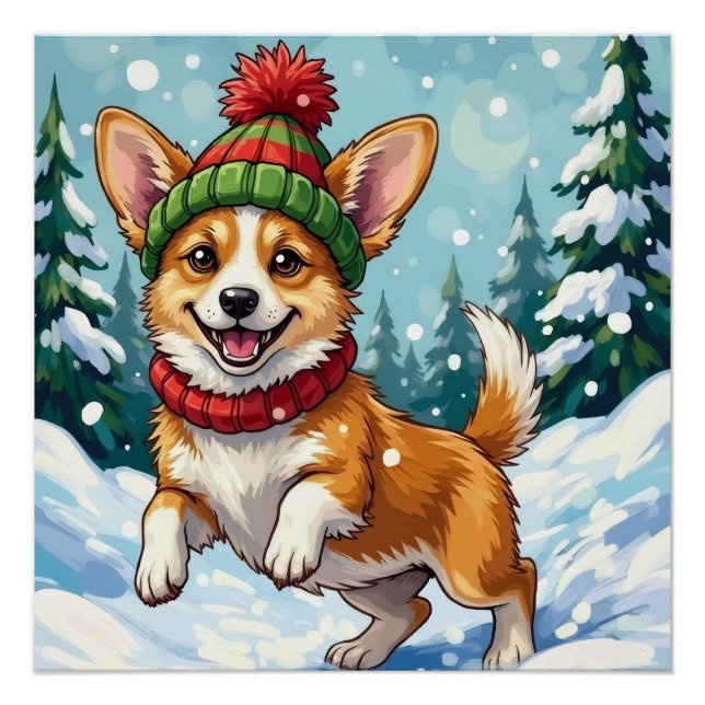 Póster Corgi Alegre Saltando na Neve com Pom Pom (Frente)