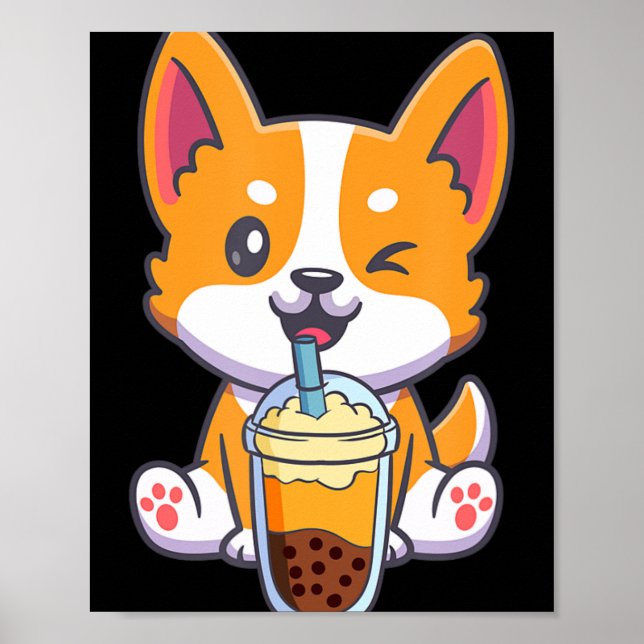 Poster Corgi Bebendo Boba Bubble Tea Drink Anime Kaw (Frente)