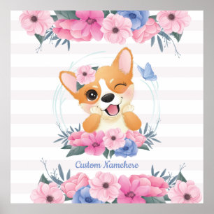 Poster Corgi Cachorro Cachorro Flor Vermelhidão Borboleta
