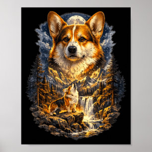 Poster Corgi Cachorro Natureza Uivando para a Lua Vintage