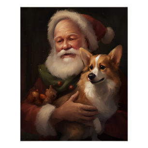 Póster Corgi com Papai Noel Natal Festivo