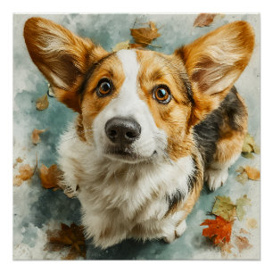 Póster Corgi Curioso Olhar de Outono