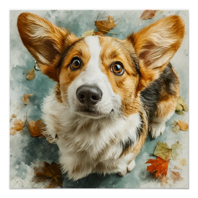 Póster Corgi Curioso Olhar de Outono (Frente)