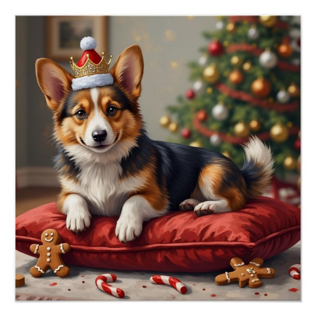 Póster Corgi Dog Christmas Loaf with Santa Crown Art (Frente)