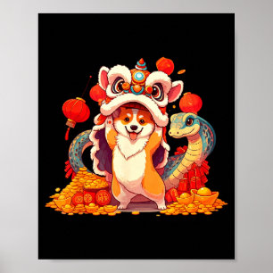 Poster Corgi Engraçado Cobra Ano Novo Chinês 2025 Mulhere