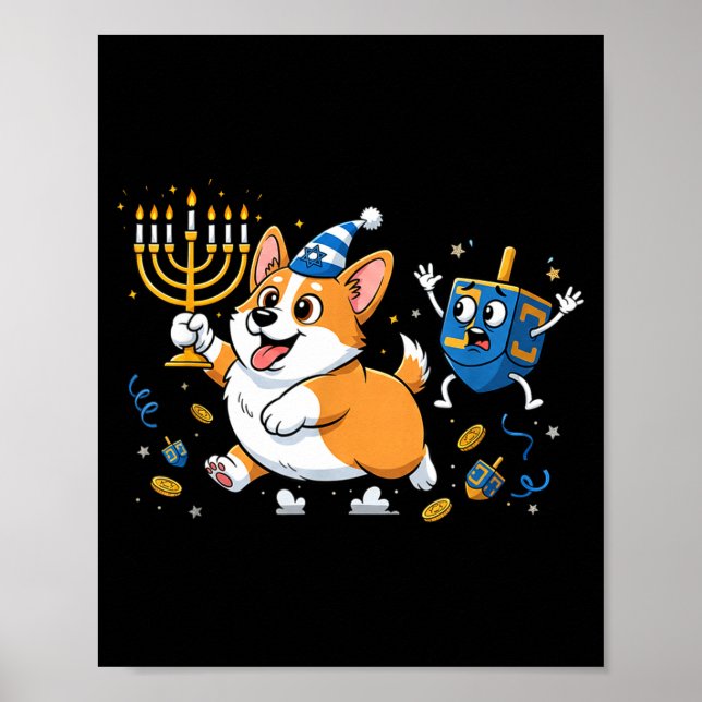 Poster Corgi Engraçado Dreidel Menorah Hanukkah Crianças  (Frente)