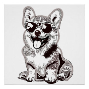 Póster Corgi Filhote Personalizado com Óculos de Sol Ar