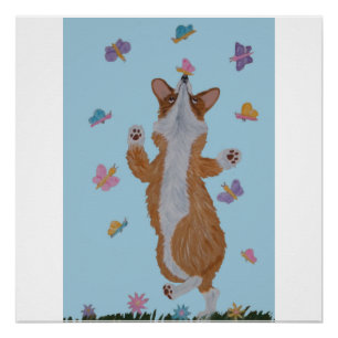 Póster Corgi galês dançante com borboletas