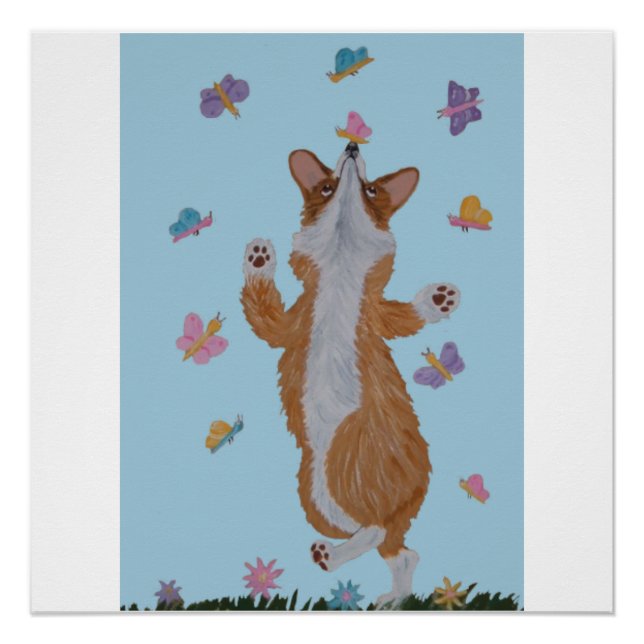 Póster Corgi galês dançante com borboletas (Frente)