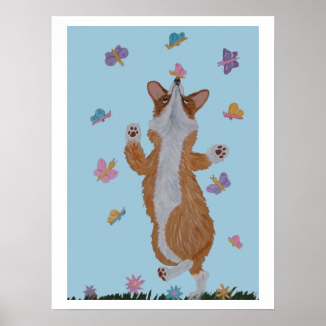 Poster Corgi galês dançante com borboletas (Frente)