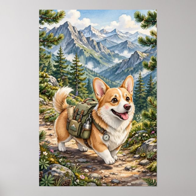 Poster Corgi Hiking In Mountains Aquarela   (Frente)