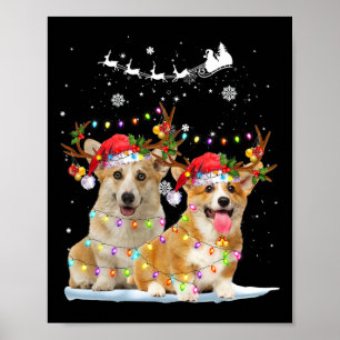 Poster Corgi Reindeer Santa Hat Xmas Luzes Natal Xma
