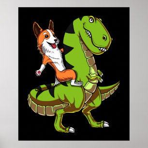 Poster Corgi Riding T-Rex Dinossaur Engraçado Cachorro