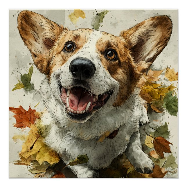 Póster Corgi Sorridente Alegria de Outono (Frente)