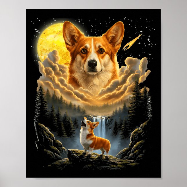 Poster Corgi uivando para a lua gráfico engraçado de cach (Frente)