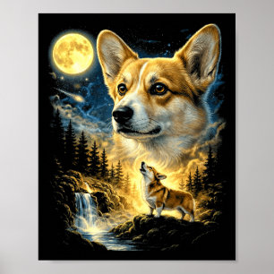 Poster Corgi uivando para a lua meme engraçado anos 90 co