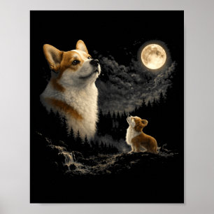 Poster Corgi uivando para a lua vintage 90s cachorro engr