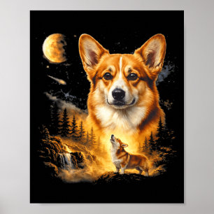 Poster Corgi uivando para a lua vintage 90s cachorro engr
