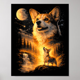 Poster Corgi vintage uivando para a lua meme 90s animal