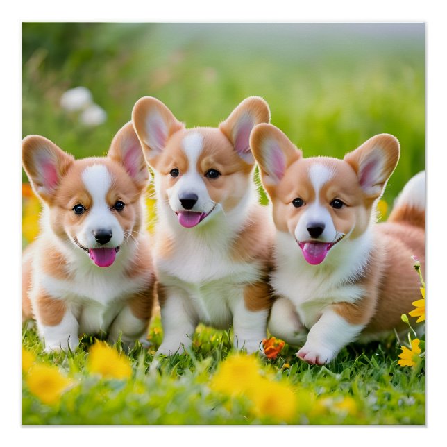 Póster Corgies tocando na grama (Frente)