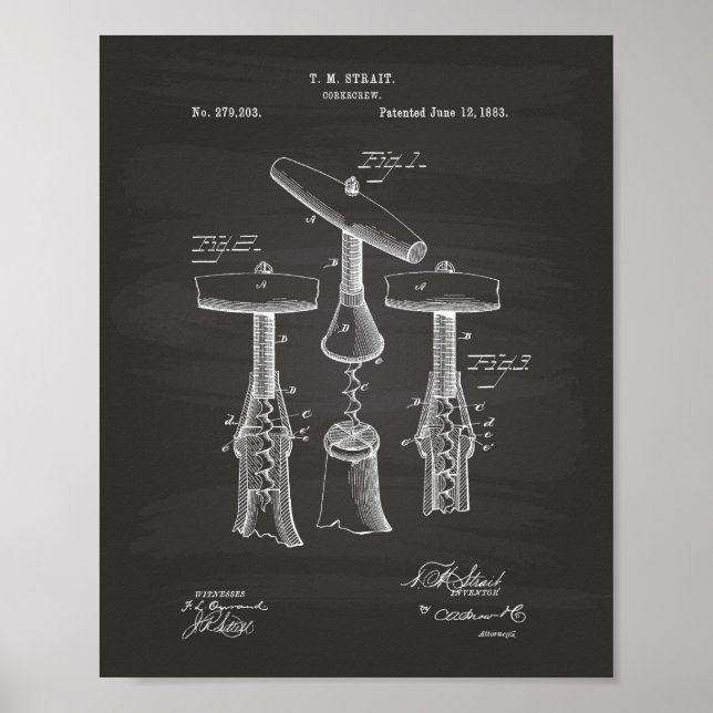 Póster Corkscrew 1883 Patent Art - Chalkboard (Frente)
