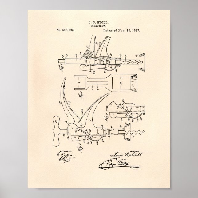 Poster Corkscrew 1897 Patent Art - Old Peper (Frente)