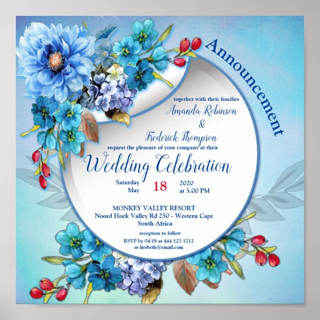 Poster Cornflower Blues em Casamento de Aquarela (Frente)