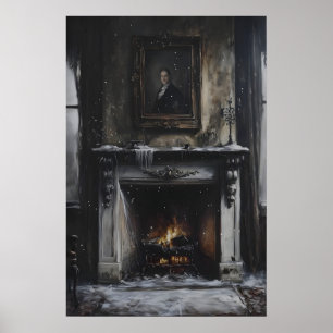 Poster Cornija de Lareira Abandonada com Neve e Retrato