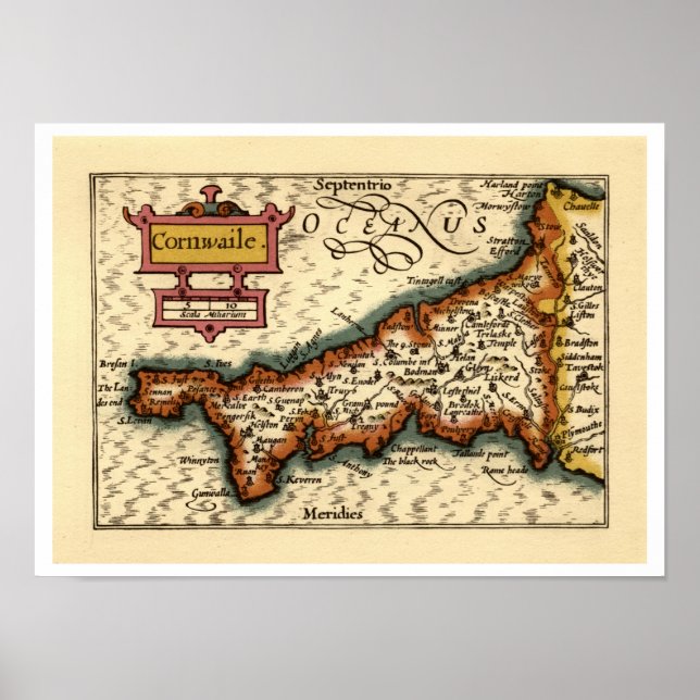 Póster "Cornwaile" Cornwall County Map, Inglaterra (Frente)